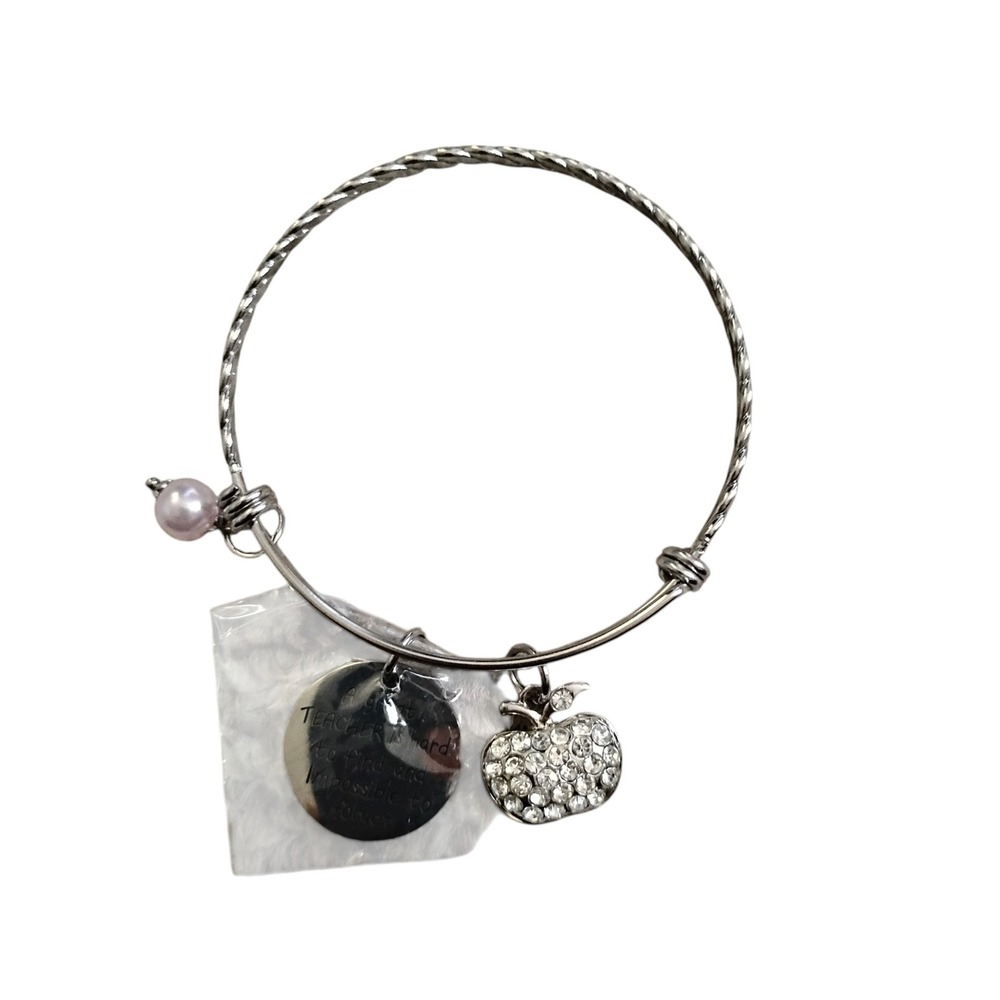 Teacher Appreciation Silver Tone Bangle Bracelet Rhinestone Apple Charm Pearl